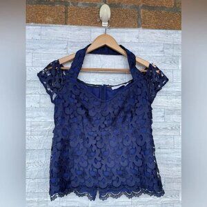 Anne Fontaine Blouse Women Blue Lace Floral  Cold Shoulder 42